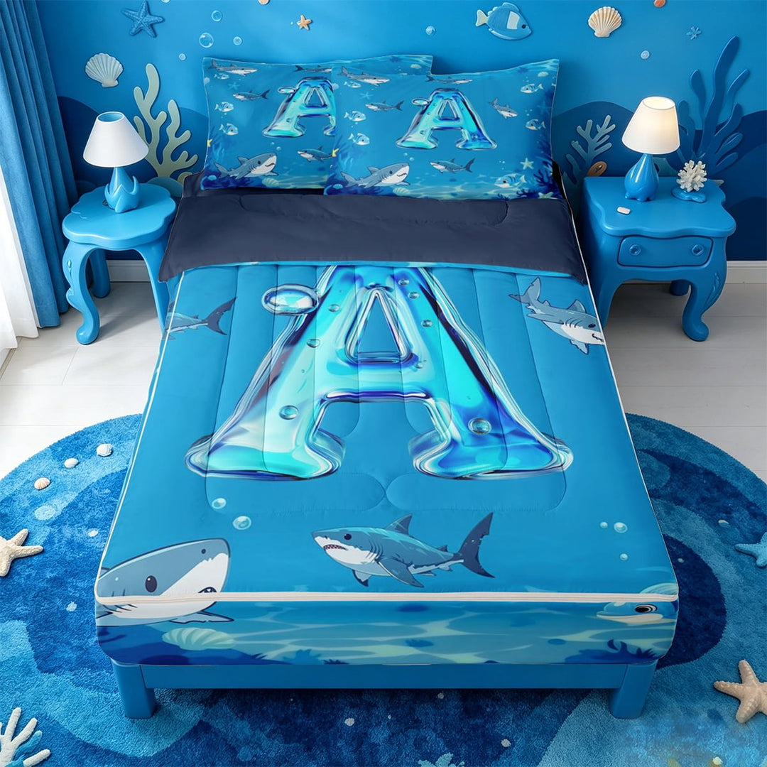 meiyoeat Cute Shark Monogram A Zipper Twin Comforter Sets with Fitted Sheet and 2 Pillowcases For Boys,Ocean Theme Zipper Bedding Set,Navy Blue Reversible,4-Piece