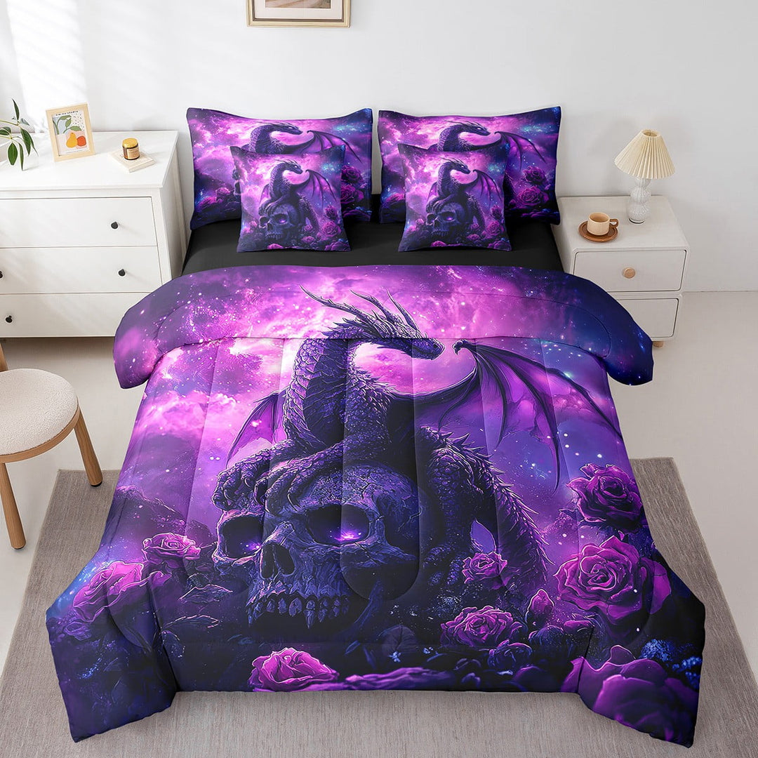 Twin Dragon Comforter Set 7 Piece ,Gothic Purple Rose Skull Dragon Bed In A Bag With Sheets,Western Fantasy Animal Bedding Set Nebulas Magical Wildlife Bed Set