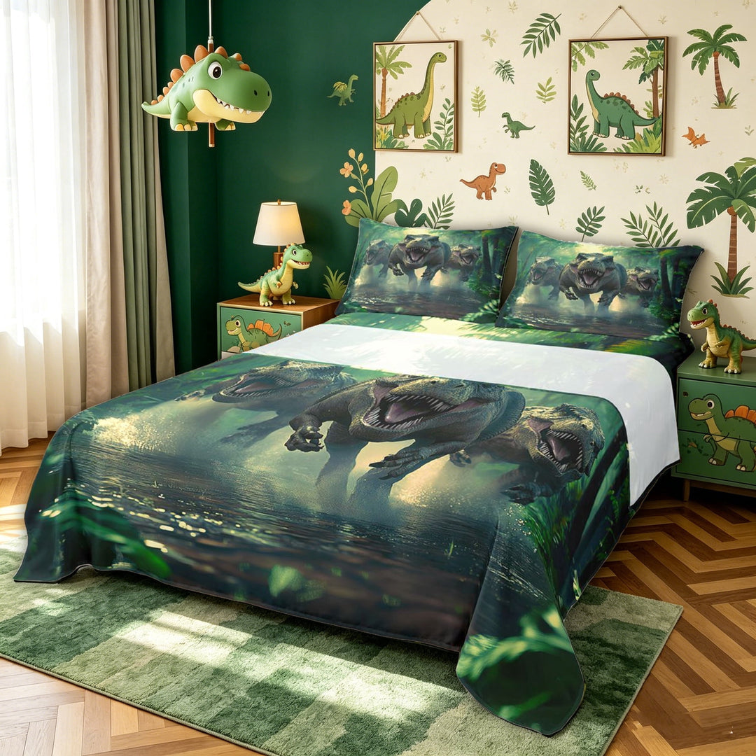 meiyoeat 3D Rustic Dino Family Bed Sheets for Kids Boys, Green Jungle Dinosaur Full Size Sheets, 4pcs