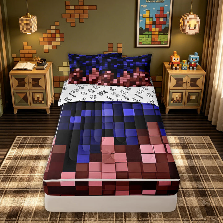 meiyoeat Red Blue Pixel Zipper Full Size Comforter Sets with Fitted Sheet and 2 Pillowcases for Kids Girls, Vintage Gaming Block Zipper Bedding Set for Bedroom, Gamepad ReversibleB