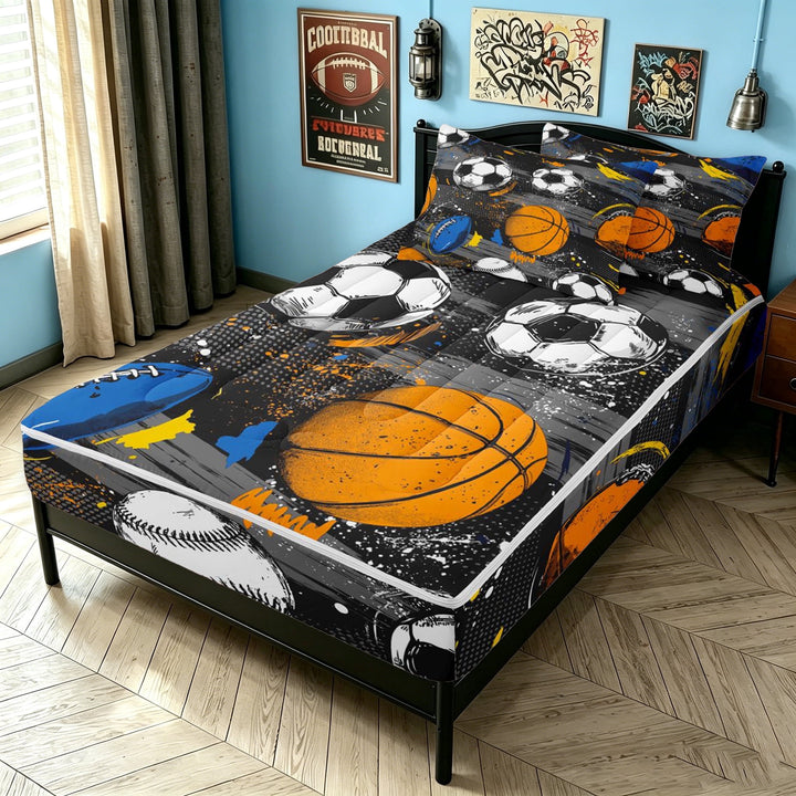 meiyoeat Sport Football Zipper Full Size Comforter Sets with Fitted Sheet and 2 Pillowcases for Boys, Multisport Graffiti Splash Zipper Bedding Set, Black Reversible, 4-Piece