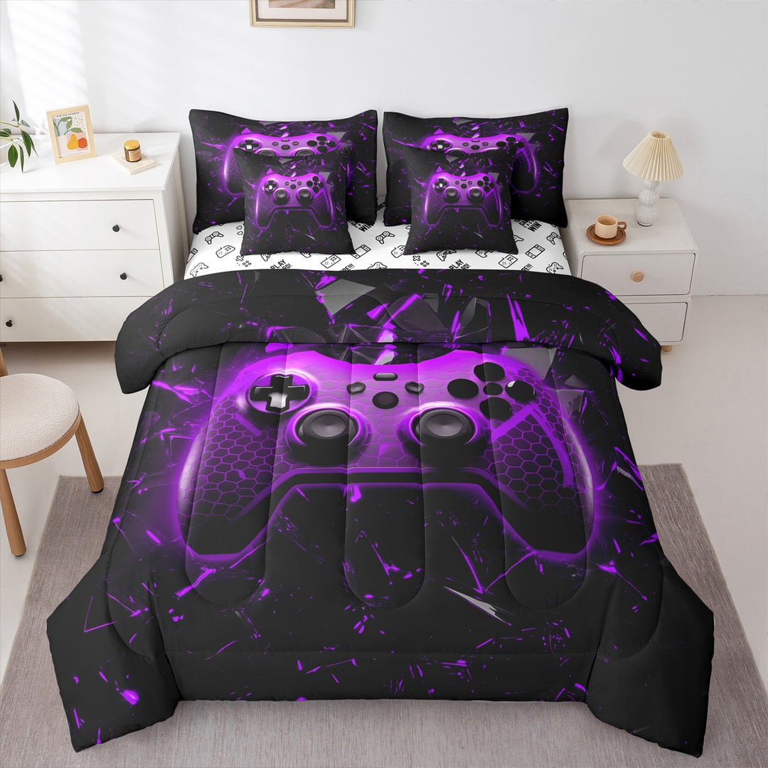 Gaming Bedding Set Twin Size,Geometric Honeycomb Gamepad 7Pcs Comforter Set,Video Games Fitted Flat Sheet Teens Men Room Decor,Modern Black Purple Reversible 2 Throw Pillow,2 Pillowcases