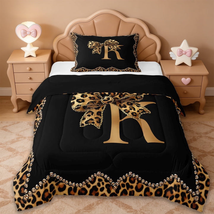 Erosebridal Africa Leopard Pattern Twin Comforter Sets,Girls Cute Bowknot First Letter K Bedding Set For Women Kids,Reversible black,2pcs