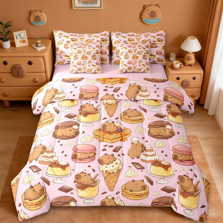 Erosebridal Capybara 7-Piece Twin Bedding Sets For Cartoon Rodent Animals,Sweet Dessert Ice Cream Bedding Comforter Set For Kids Girls ,Reversible Pink
