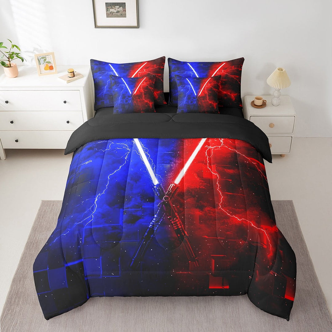 Erosebridal Galaxy Lightsaber Bedding Sets Twin Size, Modern Rectangle Comforter Sets with Sheets, Futuristic Decor, Reversible 7pcs