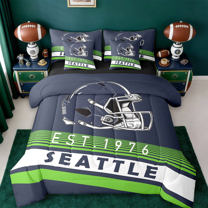 Erosebridal American Football Helmet Bed in a Bag Twin Size,Seattle City Bed Set,Sports Theme Bedding Twin Size,Luxury Living Room Decor Reversible,7 Pieces