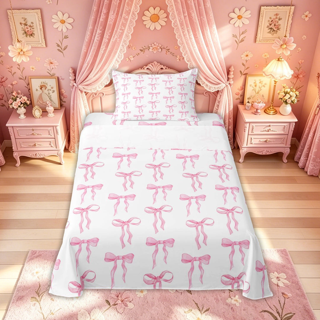 Meiyoeat Watercolor Bow Full Size Sheets for Girls Kids, Princess Bowknot Style Bed Sheets, Pink White, 4-Piece