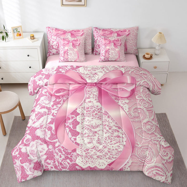 Twin Bowknot Comforter Sets 7Pcs,Pink Damask Bedding Set with Sheets Bed in a Bag,Girly Gifts Princess Dreamy Bed Sheets Set,Antique Victorian Down Comforter with 2 Throw Pillow Covers