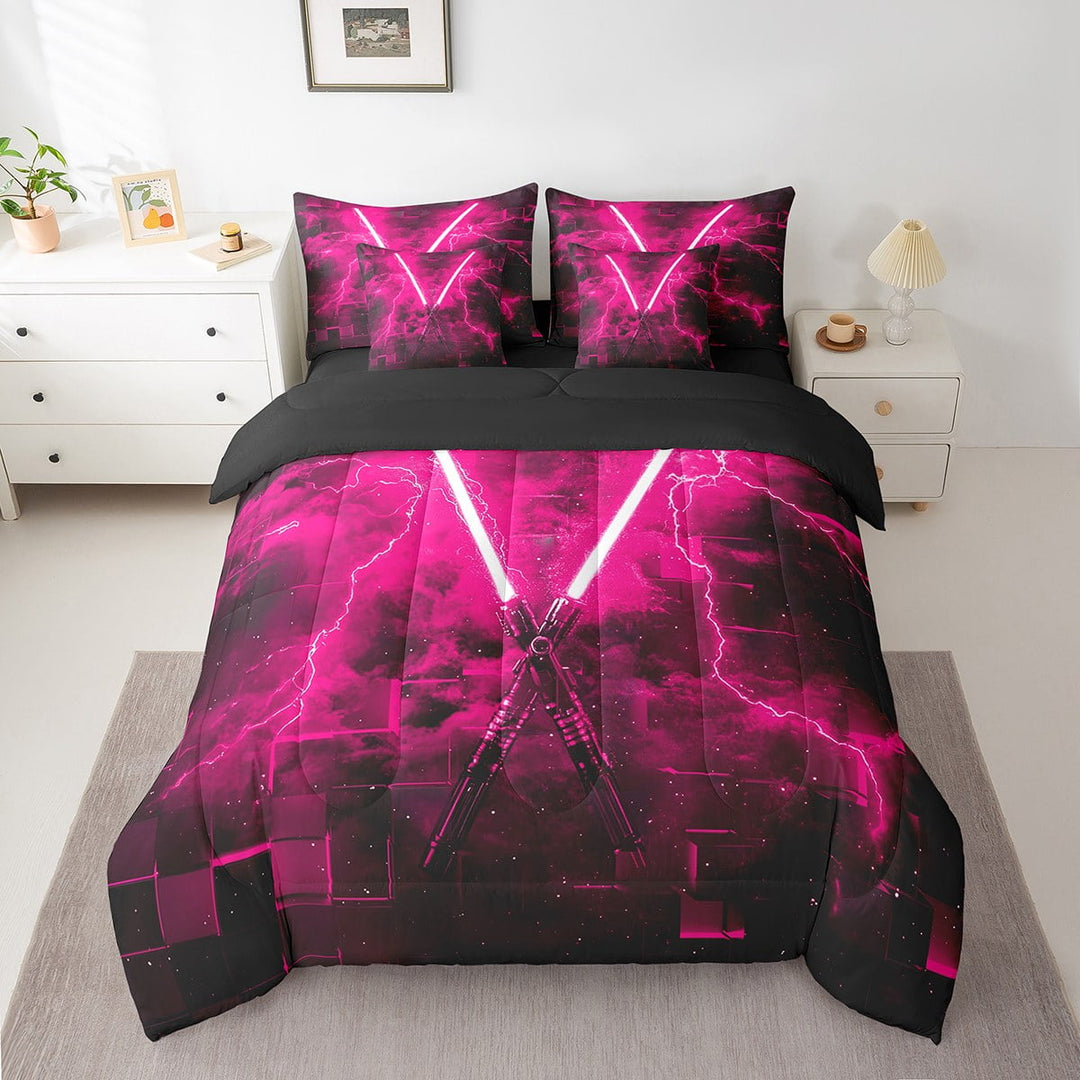 Erosebridal Futuristic Lightning Bedding Sets Twin Size, Hot Pink Comforter Sets with Sheets, 3D Square Print Decor, Reversible