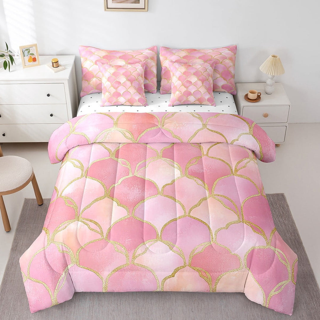 Pink Marble Sheet Set Metallic Stone Pattern 7 Pieces Comforter Gold Glitter Bedding Set Abstract Marbling Texture Flat Sheet Teens Twin Size,Pink