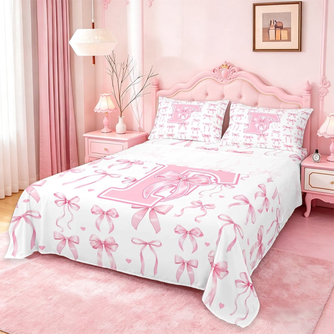 Manfei Letter F Monogram Full Size Sheets For Girls,Cute Pink Bow Bed Sheets For Kids,4 Pieces