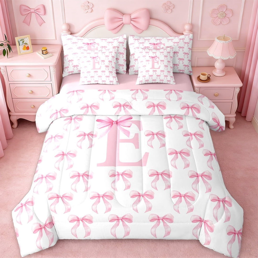 Erosebridal Letter G Initial Print Kids 7-Piece Twin Bedding Sets,Cute Pink Bowknot Bedding Comforter Set For Girls,Pink Reversible