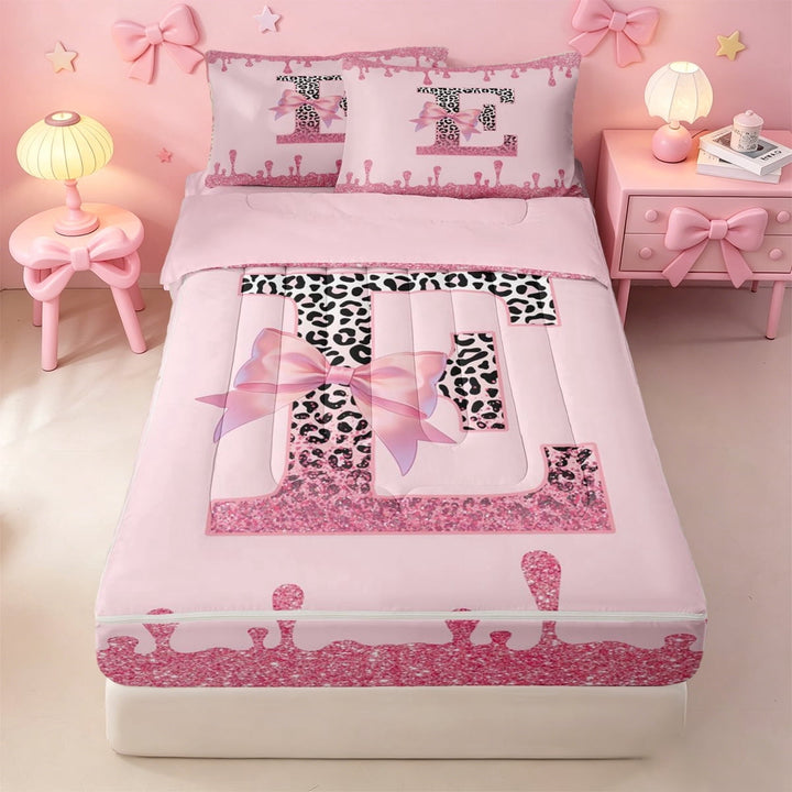 meiyoeat Cheetah Print Monogram E Zipper Full Size Comforter Sets with Fitted Sheet and 2 Pillowcases For Girls,Chic Pink Drip Alphabet Design Zipper Bedding Set,Pink Reversible,4pcs