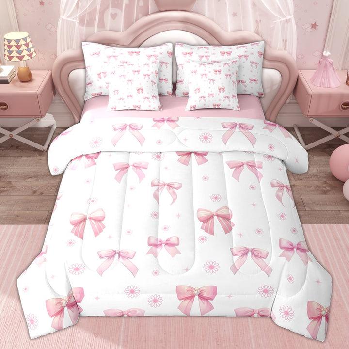 Erosebridal Pink Pearl Bow Twin Bedding Sets, Daisy Flower Bedding Comforter Set for Girls, 7-Piece
