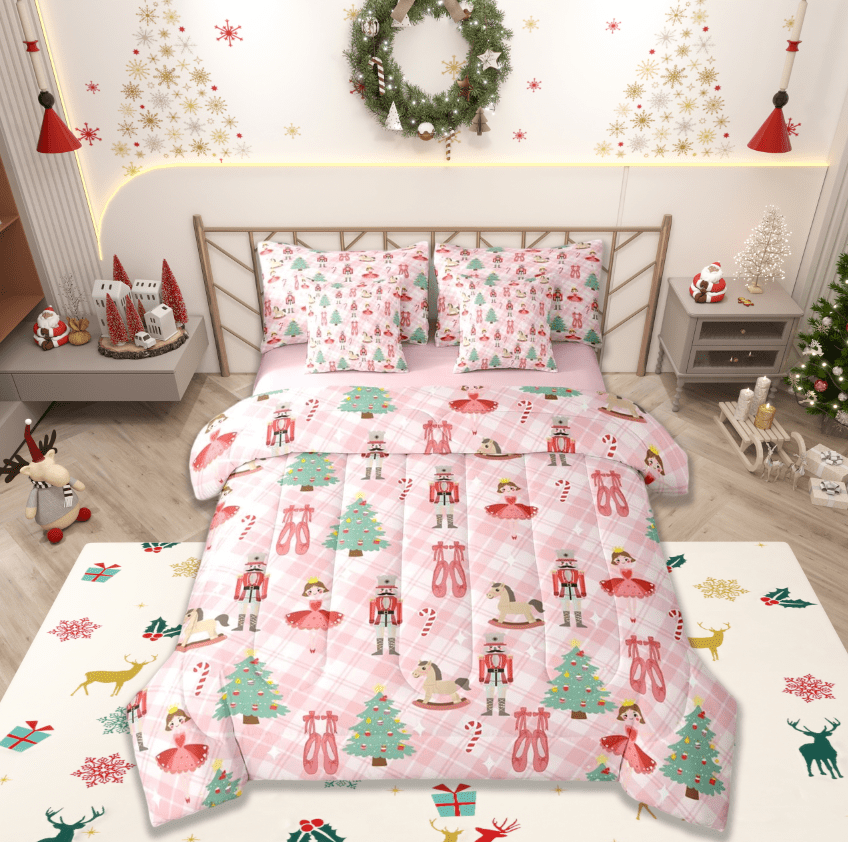 Manfei Christmas Nutcraker Soldier 7pcs Bedding Comforter Set,Ballet Princess Queen Bedding Sets,Green Xmas Tree Queen Sheet Sets For Teens,Ultra Soft Home Decor Reversible