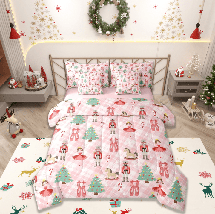 Manfei Christmas Nutcraker Soldier 7pcs Bedding Comforter Set,Ballet Princess Queen Bedding Sets,Green Xmas Tree Queen Sheet Sets For Teens,Ultra Soft Home Decor Reversible