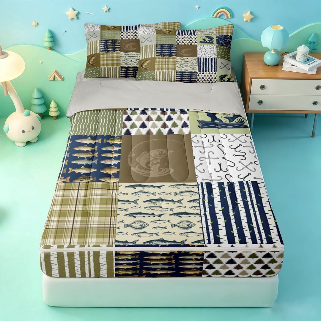 meiyoeat Rustic Fishing Quilt Zipper Full Size Comforter Sets with Fitted Sheet and 2 Pillowcases,Cabin Plaid Pattern Zipper Bedding Set For Boys,Green Navy,Light Gray Reversible,4 Pieces