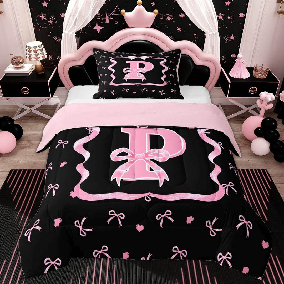 Erosebridal Girls Bow P Letter Twin Comforter Sets, Watercolor Love Heart Bedding Set, 2 Pieces