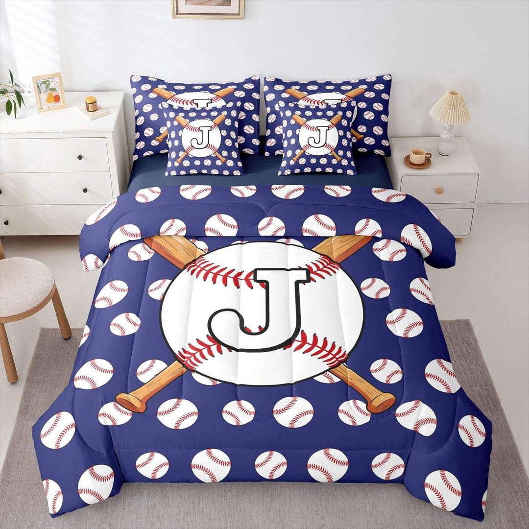 Erosebridal Teens Baseball Gaming Letter J Monogrammed Twin Bedding Sets 7-Piece,Girls Boys Sport Gamer Bedding Comforter Set,Navy Blue Reversible,Luxury Bedroom Decor