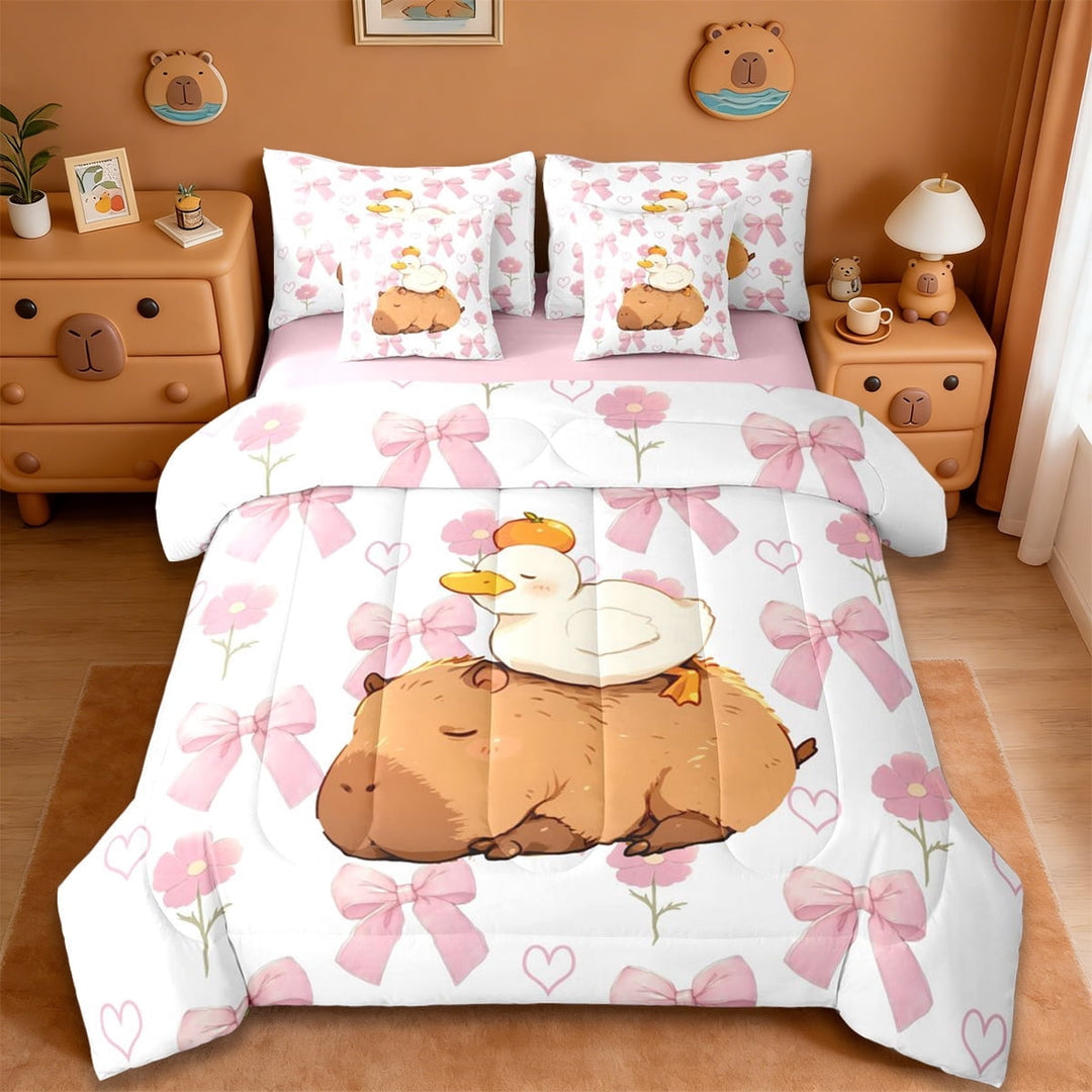 Erosebridal Brown Capybara 7-Piece Twin Bedding Sets,Kawaii Puppy Duck Bedding Comforter Set For Girls Kids ,Reversible Pink