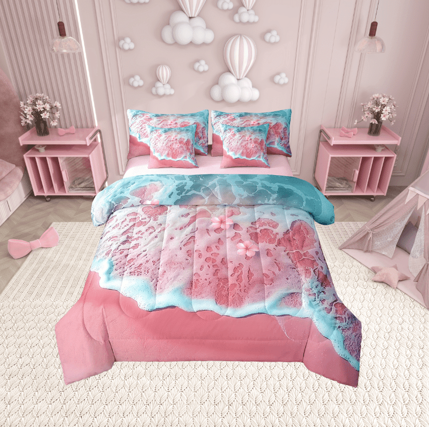 Erosebridal Ocean Wave Bedding Twin Size, Pink Blossoms Bed in a Bag Twin size, Romantic Beach Reversible Bed Set, Breathable Room Decoration, 7 Pieces