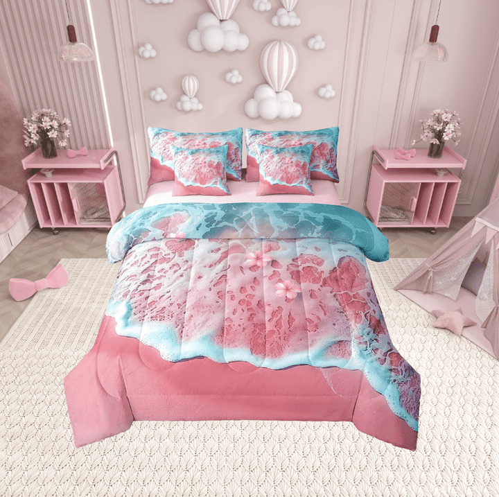 Erosebridal Ocean Wave Bedding Twin Size, Pink Blossoms Bed in a Bag Twin size, Romantic Beach Reversible Bed Set, Breathable Room Decoration, 7 Pieces