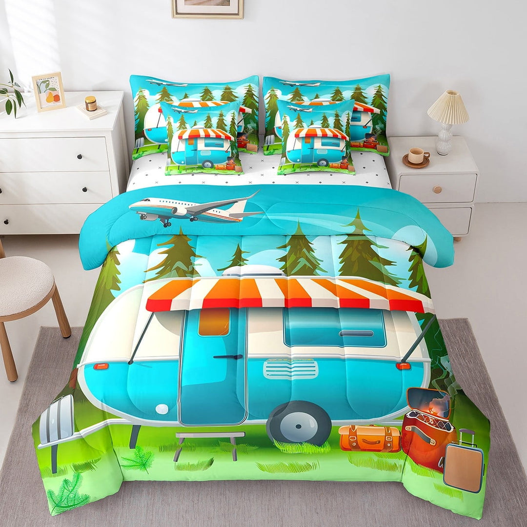 Camping Bed in a Bag Queen Comforter Set 7 Piece,Camp Travel Car Bedding Sets Retro Rustic Farmhouse Camper Decor Sheet Set with Comforter