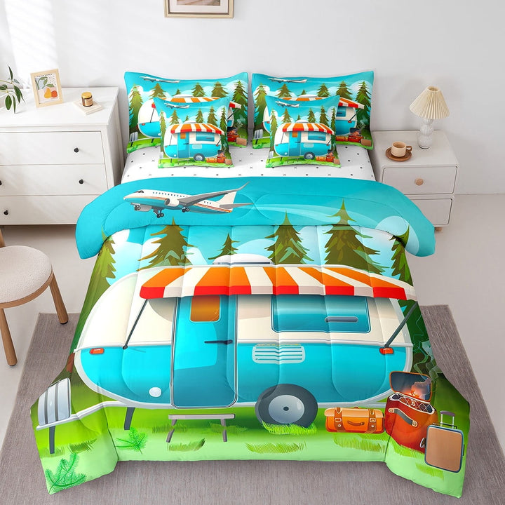 Camping Bed in a Bag Queen Comforter Set 7 Piece,Camp Travel Car Bedding Sets Retro Rustic Farmhouse Camper Decor Sheet Set with Comforter