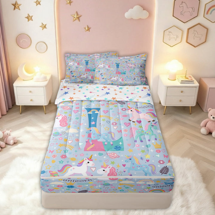 meiyoeat Cute Unicorn L Initial Zipper Comforter Set with Fitted Sheet and 2 Pillowcases for Kids, Cartoon Monogram Zipper Bedding Set, Blue Multicolor, Colorful Star Reversible, 3pcs