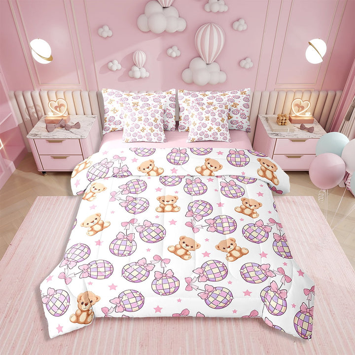Erosebridal Pink Bowknot 7 Piece Bedding Set Dreamy Princess Style Comforter Set with Sheets Twin Size Room Decor Cute Bear Bed in a Bag Disco Ball Bed Set