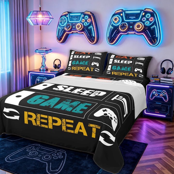 meiyoeat Graffiti Gamer Quote Bed Sheets for Kids Kids Boys, Game Controller Full Size Sheets for Bedroom, Black, 4pcs