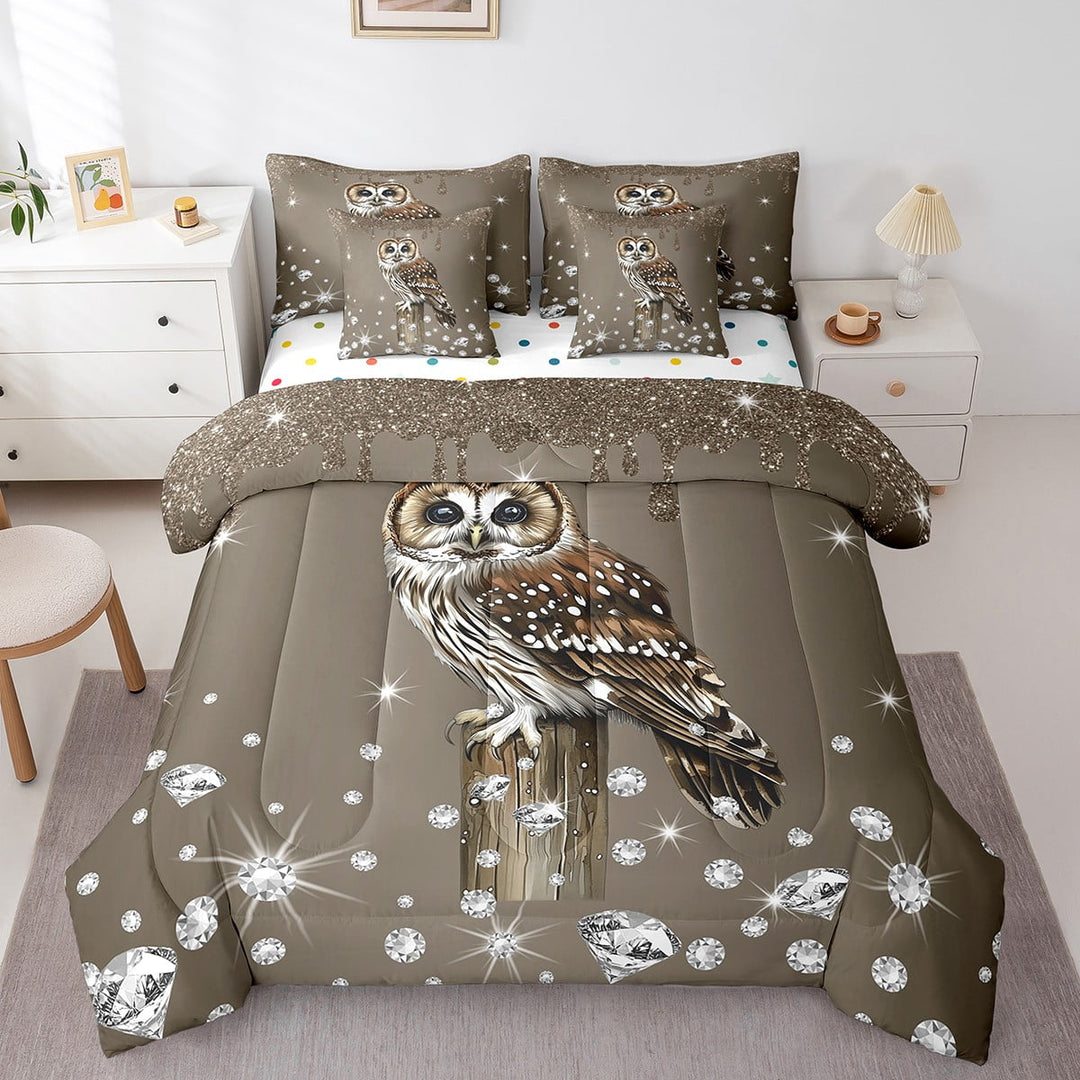 Erosebridal Cartoon Owl Bed in a Bag Twin size, Kawaii Animal Bed Set, Chic Diamond Print Decor, Reversible