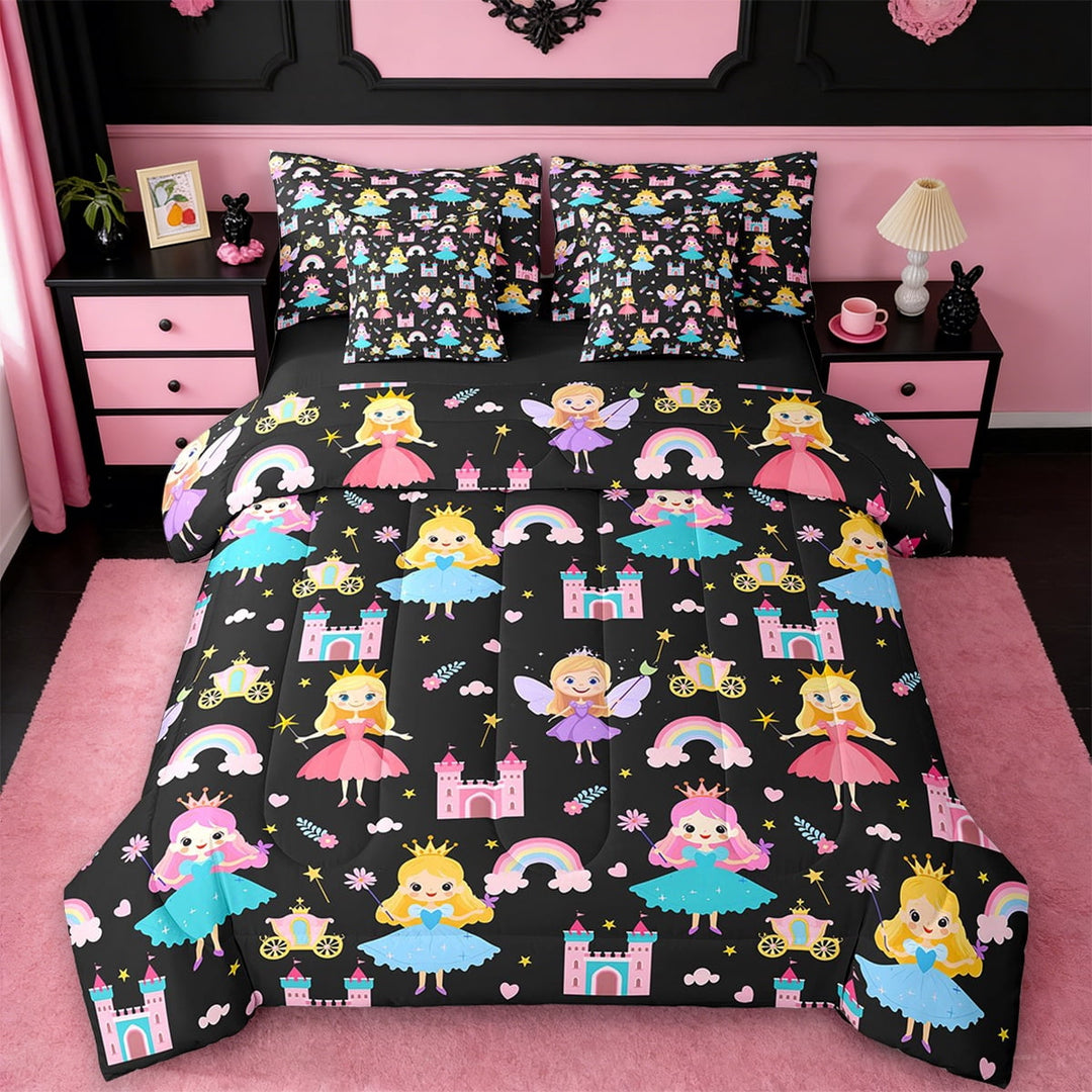 Erosebridal Elf Princess Bedding Twin Size,Colorful Cartoon Girl Comforter Sets with Sheets,Castle Rainbow Stars Bedding Sets Twin Size For Girls,Microfiber Bedroom Decoration Reversible,7pcs