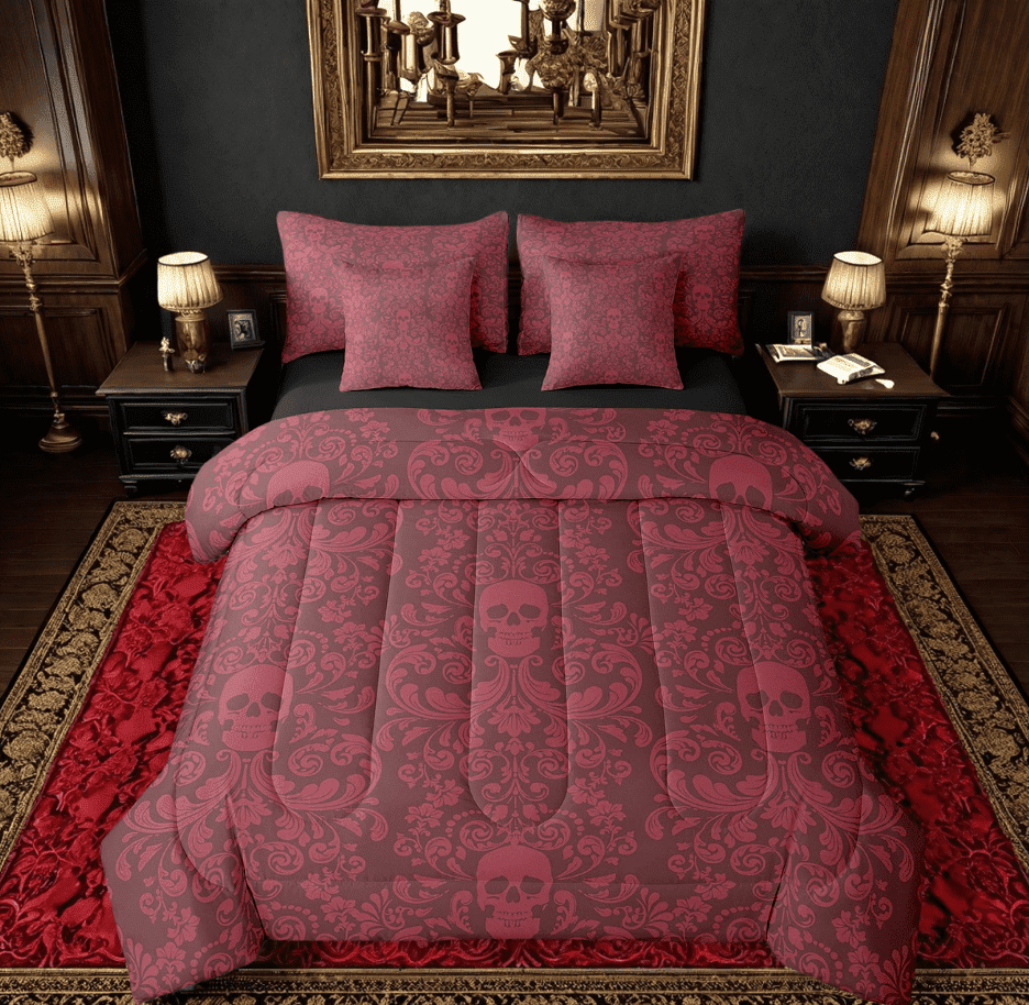 Damask Gothic Bedding Set Adults Antique Victorian Bed in a Bag King Size Comforter Set 7 Pieces,Carmine Red Sugar Skull Sheet Set Vintage Floral Goth Bed Set,Exotic Bone Skeleton Bohemian Decor