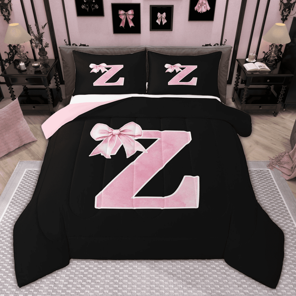 Manfei Personalized Initial Z Bedding Comforter Set for Girls, Pink Bow Tie Twin Comforter Sets, Watercolor Monogrammed Bedding Set, Breathable Room Decor, Reversible 2pcs