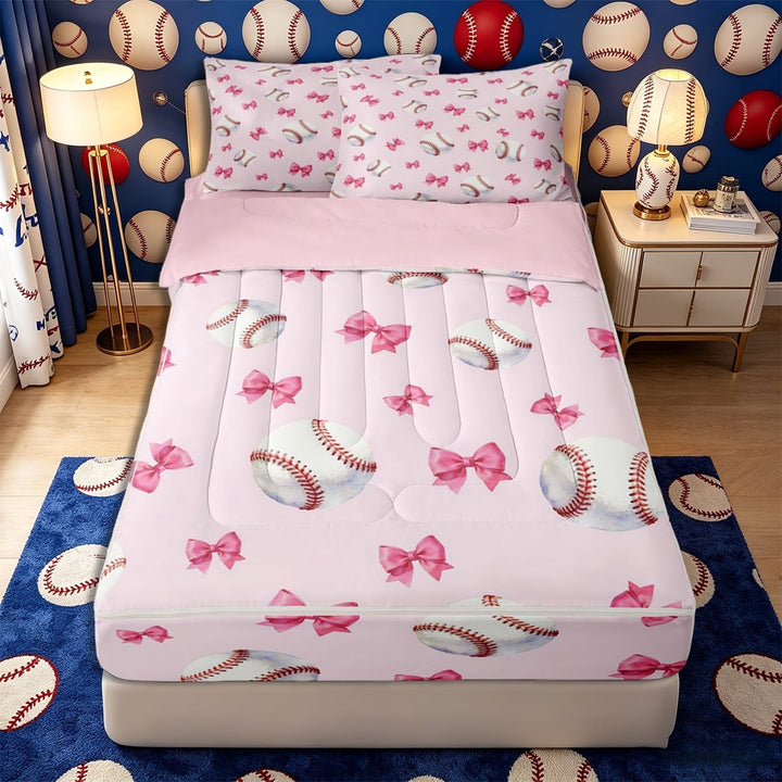 Meiyoeat Cute Baseball Zipper Twin Comforter Sets with Fitted Sheet and 2 Pillowcases, Pink Bow Print Zipper Bedding Set for Bedroom,4-Piece,Pink Reversible