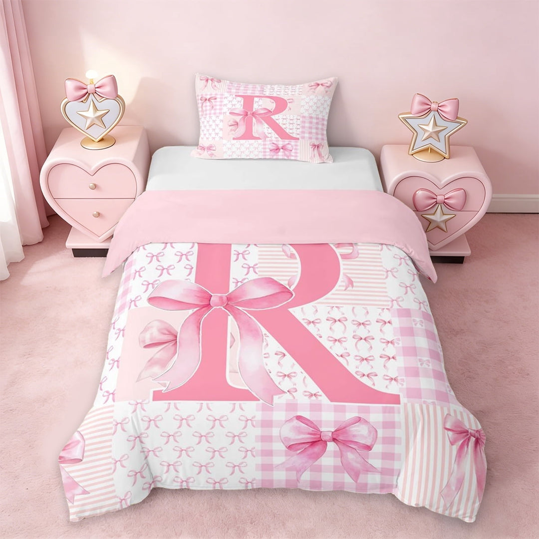 Erosebridal Dreamy Princess Bowtie Twin Bedding,Pink Letter R Monogrammed Duvet Cover Set For Girls Kids,Pink Reversible,2pcs(No Comforter)