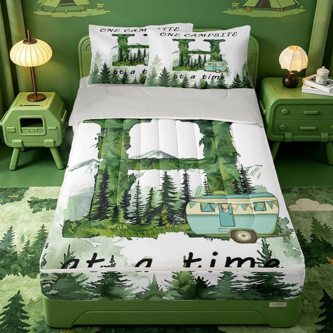 meiyoeat Cartoon Rv Rustic Country Style Zipper Full Size Comforter Sets with Fitted Sheet and 2 Pillowcases For Boys,Monogram Letter Print Zipper Bedding Set,Light Gray Reversible,4-Piece