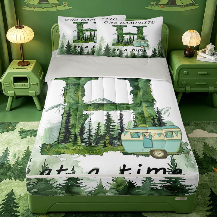 meiyoeat Cartoon Rv Rustic Country Style Zipper Full Size Comforter Sets with Fitted Sheet and 2 Pillowcases For Boys,Monogram Letter Print Zipper Bedding Set,Light Gray Reversible,4-Piece