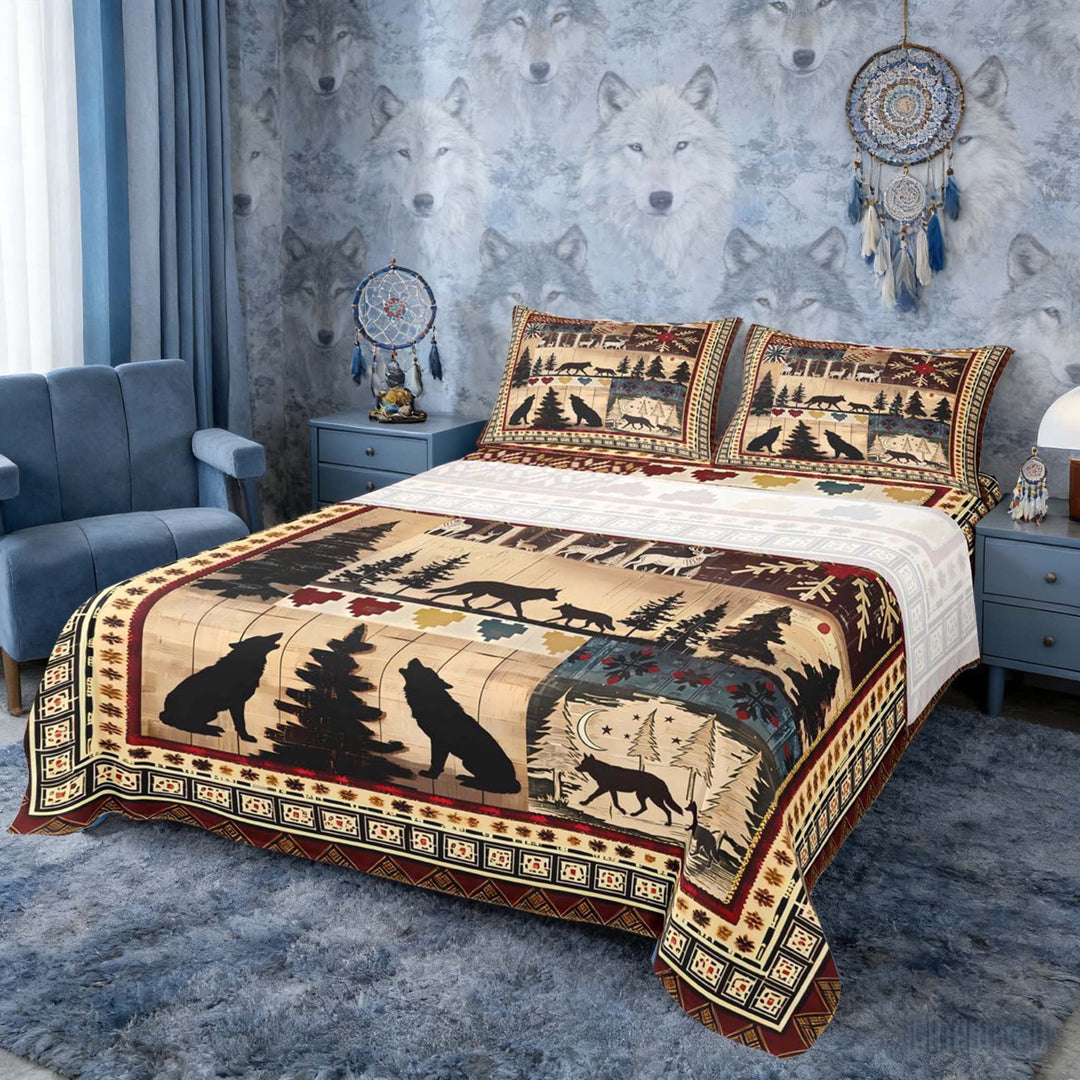 Erosebridal Winter Wildlife Wolf Quilt Print Queen Sheet Sets, Cabin Decor Bed Set for Men and Women, 1 Flat Sheet, 1 Fitted Sheet and 2 Pillowcases