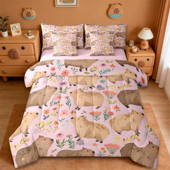 Erosebridal Capybara Lover7-Piece Twin Bedding Sets,Cartoon Mouse Rustic Floral Bedding Comforter Set For Girls Kids ,Reversible Pink