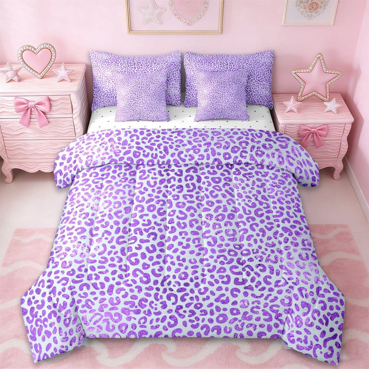Erosebridal Purple Cheetah Print 7 Pieces Bedding Comforter Set,Leopard Animal Texture Pattern Full Bedding Set For Girls Kids,Reversible