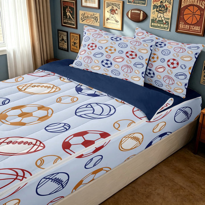 meiyoeat Cartoon Multisport Print Zipper Full Size Comforter Sets with Fitted Sheet and 2 Pillowcases for Boys, Cartoon Blue Ball Theme Zipper Bedding Set, Blue Reversible, 4pcs