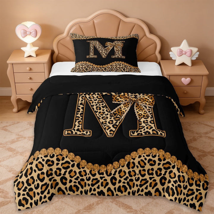 Erosebridal Fashion Women Letter M Theme Twin Comforter Sets,Kids Leopard Print Bows Bedding Set For Cheetah Lovers,Black Reversible,2 Pieces