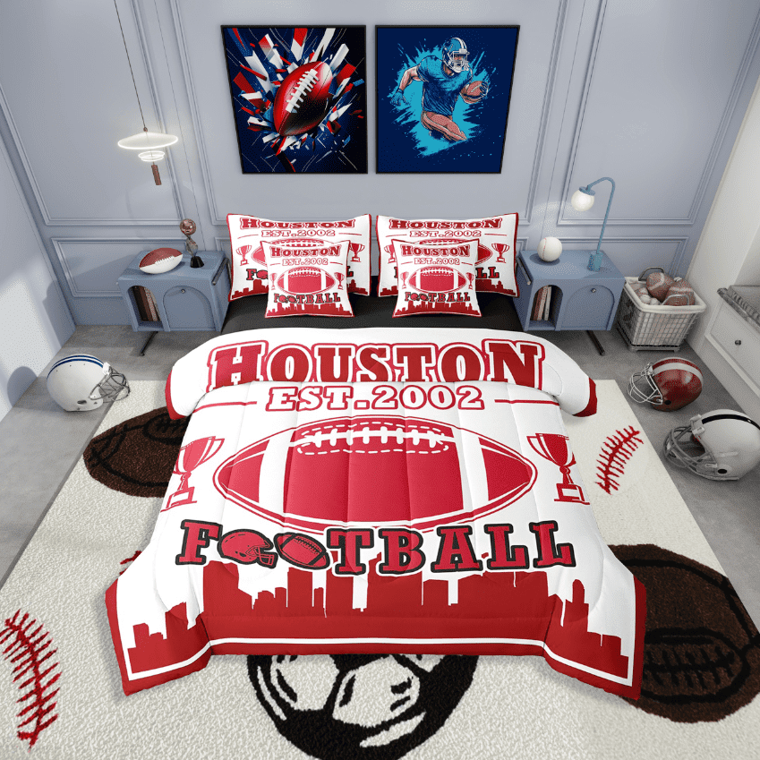 Erosebridal American Football Bedding Sets Twin Size,Sport Theme Comforter Sets with Sheets,Ball Game Decor(Houston),Reversible,Lightweight,7-Piece