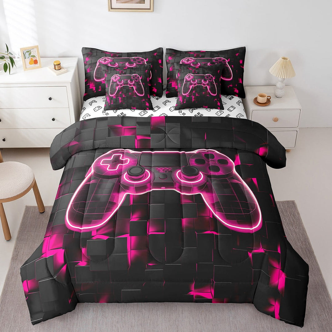 Gaming Twin Bed in a Bag 7 Piece for Boys Kids Gamer Room Bedding Comforter Sheet Set, Rose Purple Geometry Honeycomb Print Bed Set Gamepad Controller Cushiom Covers Abstract Plaid Fitted Sheet