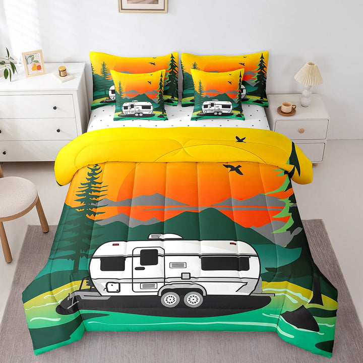 Camper Bed in a Bag Queen Comforter Set 7 Piece,Camp Travel Car Bedding Sets Retro Rustic Farmhouse Camping Decor Sheet Set with Comforter