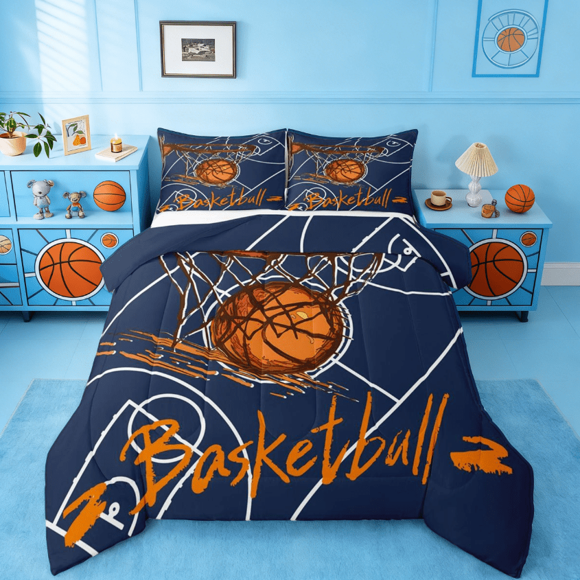 Manfei Basketball Lover Comforter Sets Twin Size,Ball Sports Gsme Comforters &amp; Duvets,Blue Orange Bedding Twin Comforter Set For Kids Boys,Super Cozy Bedroom Decoration Reversible,3-Piece