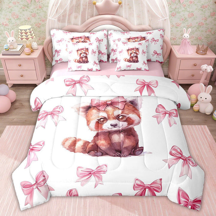 Erosebridal Cute Red Panda Comforter Sets Twin Size, Princess Bow Bedding Comforter Set, Cartoon Animal Room Decor, Pink Reversible, 7pcs