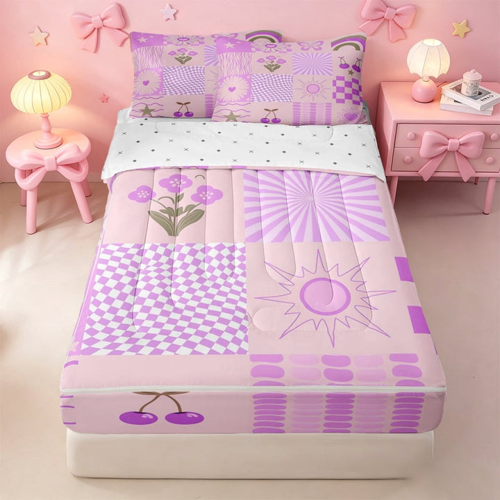meiyoeat Pink Cherry Zipper Twin Comforter Sets with Fitted Sheet and 2 Pillowcases For Girls,Patchwork Geometric Plaid Zipper Bedding Set,Reversible,4 Pieces